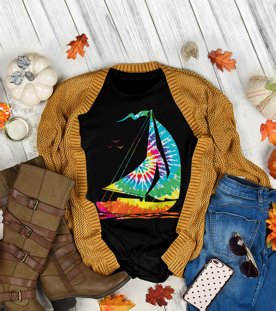 Hippie Rainbow Tie Dye Sailboat Fun Sailing Ocean View T-Shirt
