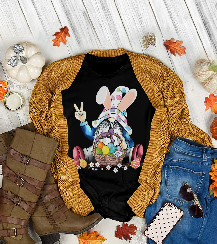 Bunny Hat Peace Sign Gnome with Easter Egg Basket and Flowers T-Shirt