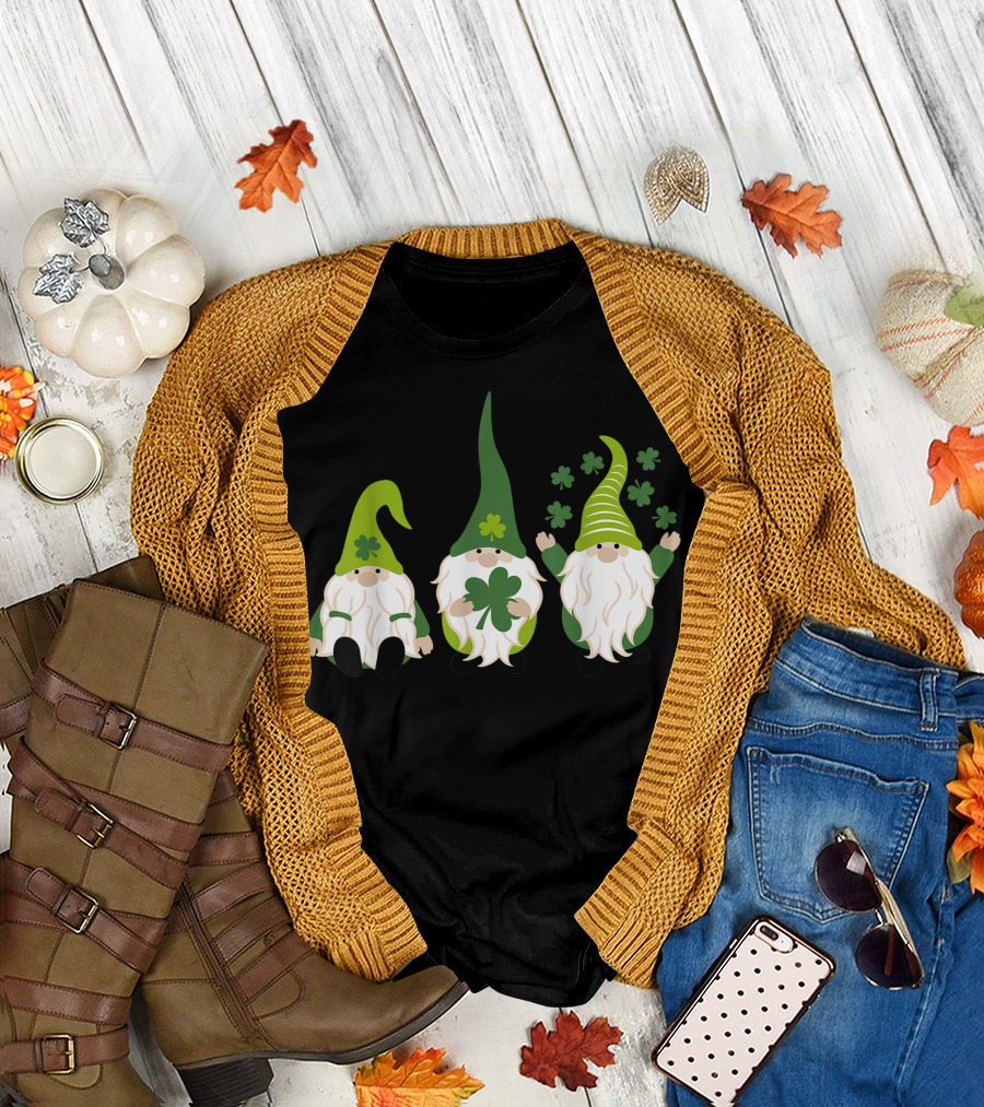 Gnome Leprechaun Tomte with Shamrock Hats Trio T-Shirt