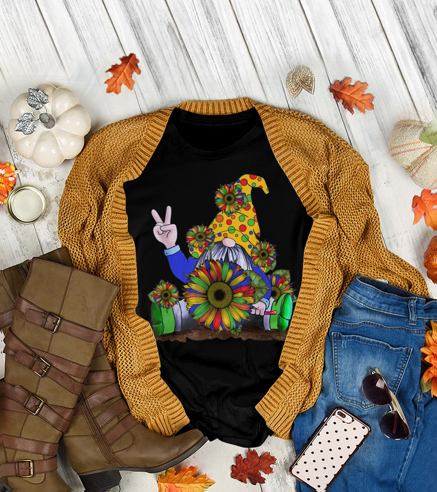 Gnome Sunflower Colorful Peace Sign Hippie Gnomes T-Shirt