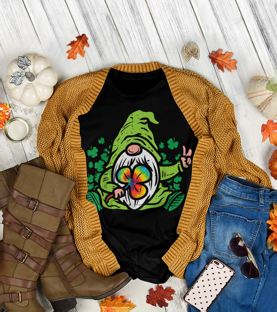 Gnome Tie Dye Shamrock Clover Peace St Patricks Day T-Shirt