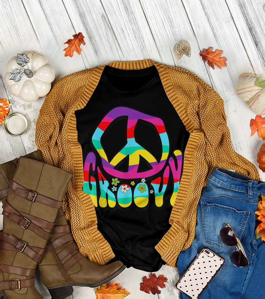 Groovy Hippie 60S 70S Peace Sign Symbol 1970S Flower Power Colorful Stripes and Flowers T-Shirt