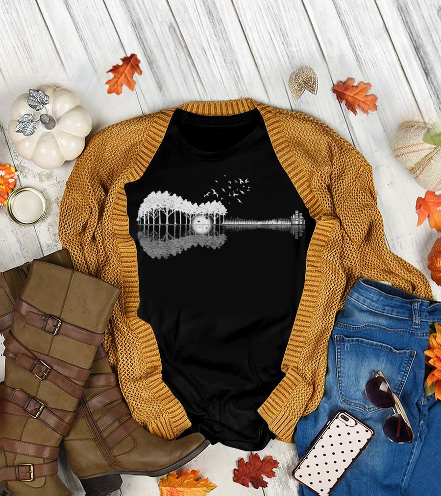 Guitar Lake Shadow Love Guitar Musician Trees City Birds Reflection T-Shirt