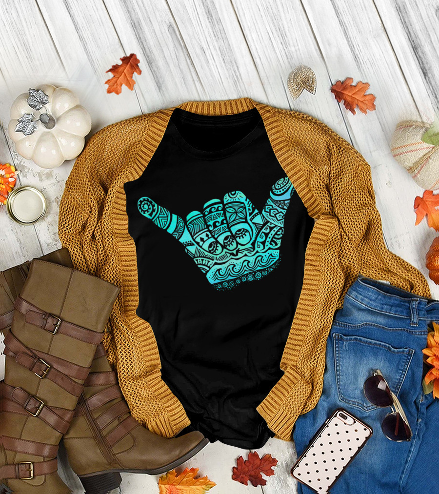 Hang Loose Polynesian Tribal Shaka Hand Blue Boho T-Shirt