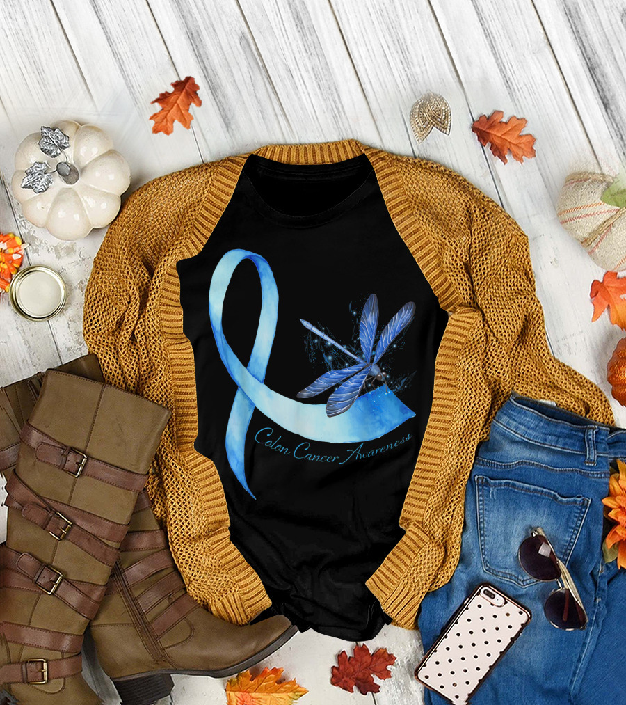 Hippie Dragonfly Blue Ribbon Colon Cancer Awareness T-Shirt