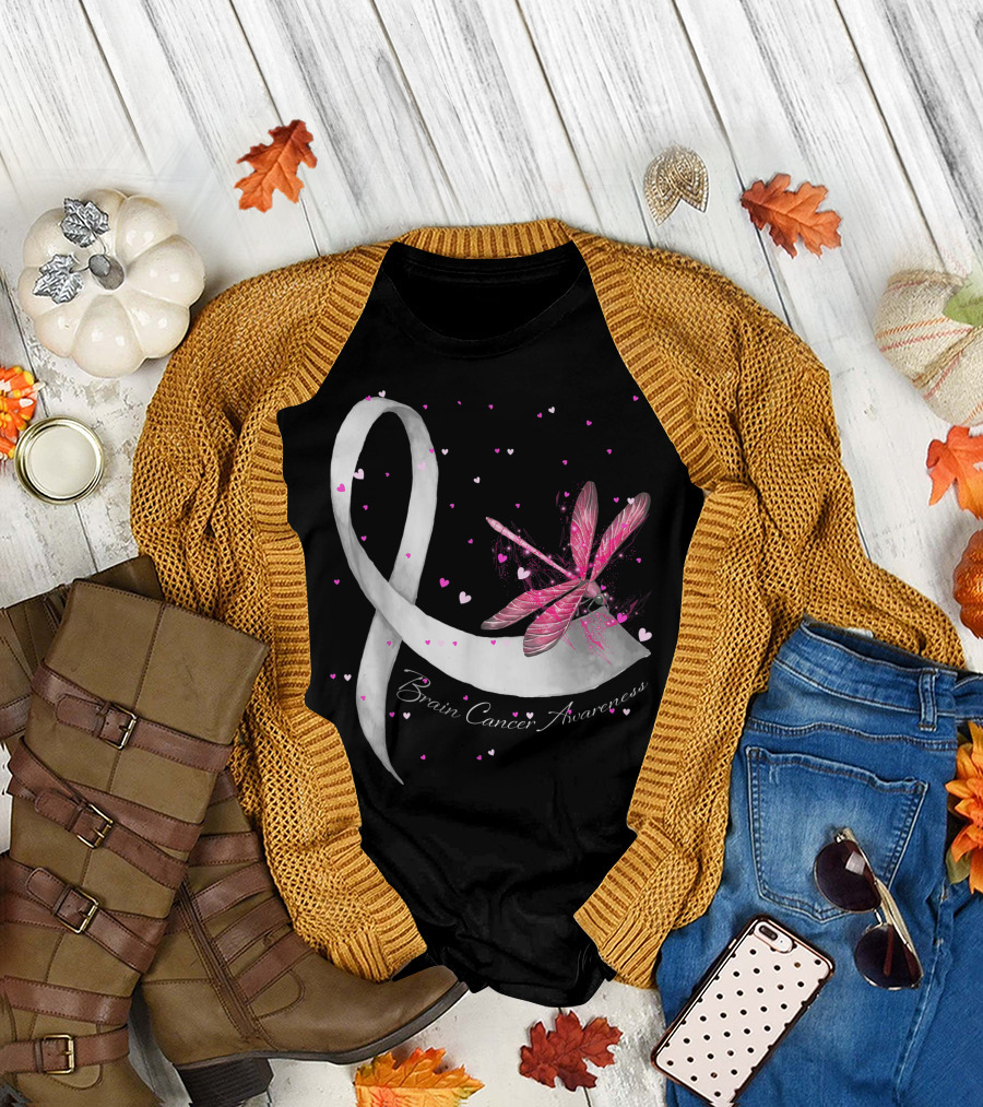 Brain Cancer Awareness Hippie Dragonfly Gray Ribbon S6 T-Shirt