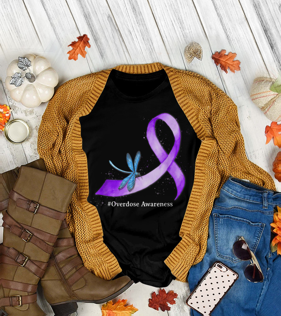 Hippie Dragonfly Purple Ribbon #Overdose Awareness 15 T-Shirt