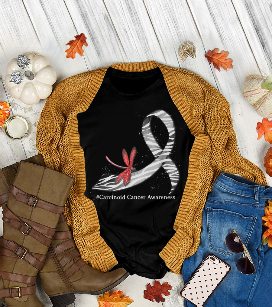 Hippie Dragonfly Zebra Ribbon #Carcinoid Cancer Awareness T-Shirt