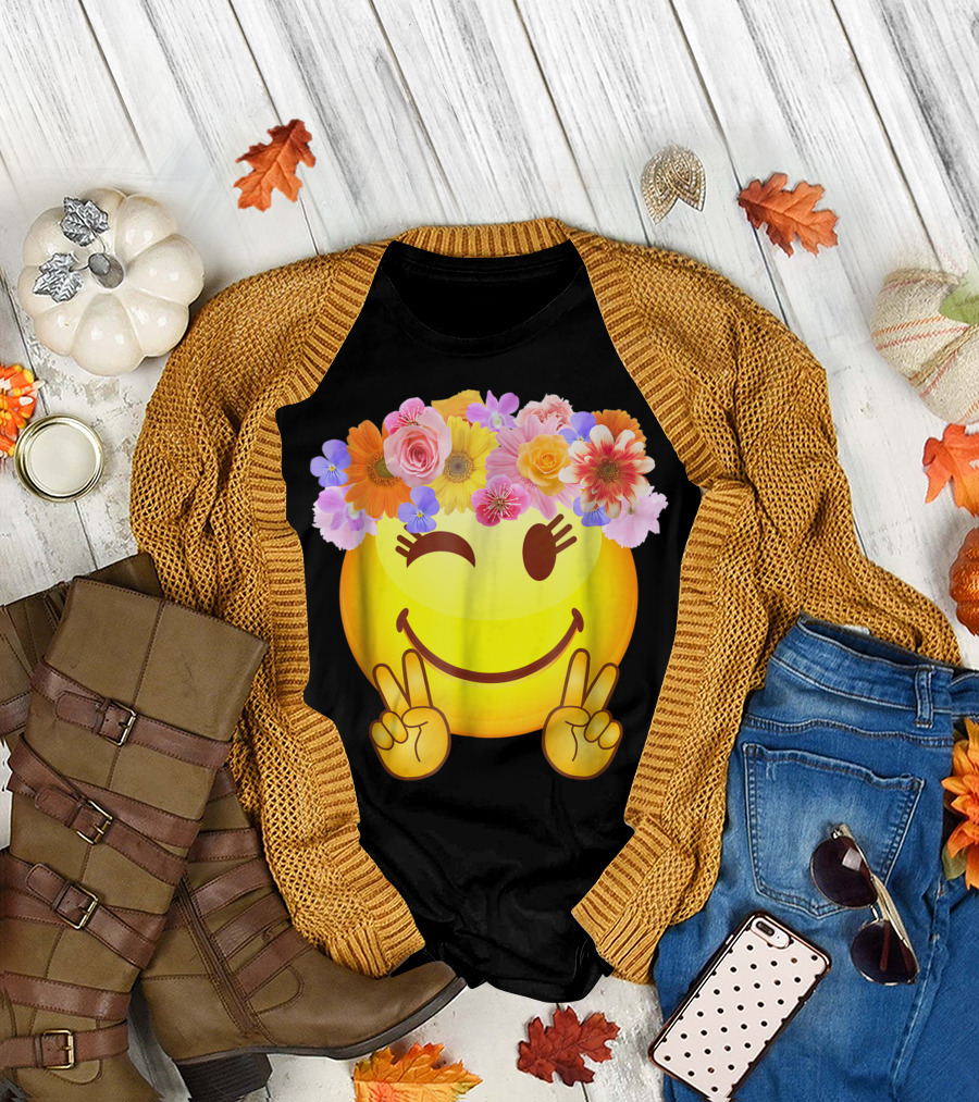 Hippie Flower Power Crown Peace Happy Face Emoji Smiley T-Shirt