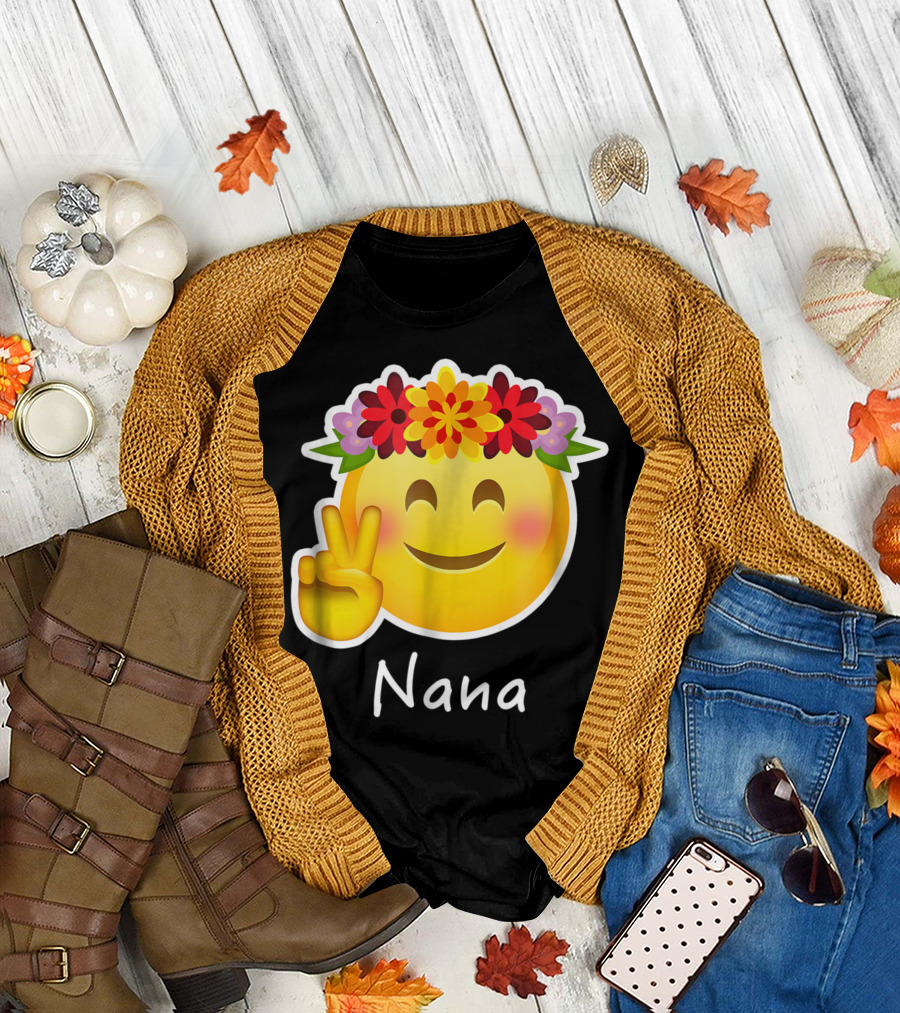 Nana Flower Crown Hippie Emoticon Peace Sign T-Shirt