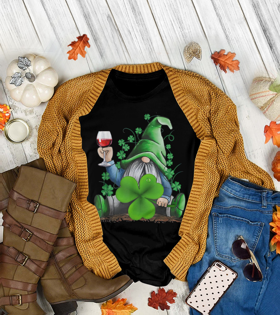 Hippie Gnome Holding Wine Surrounded by Shamrocks T-Shirt