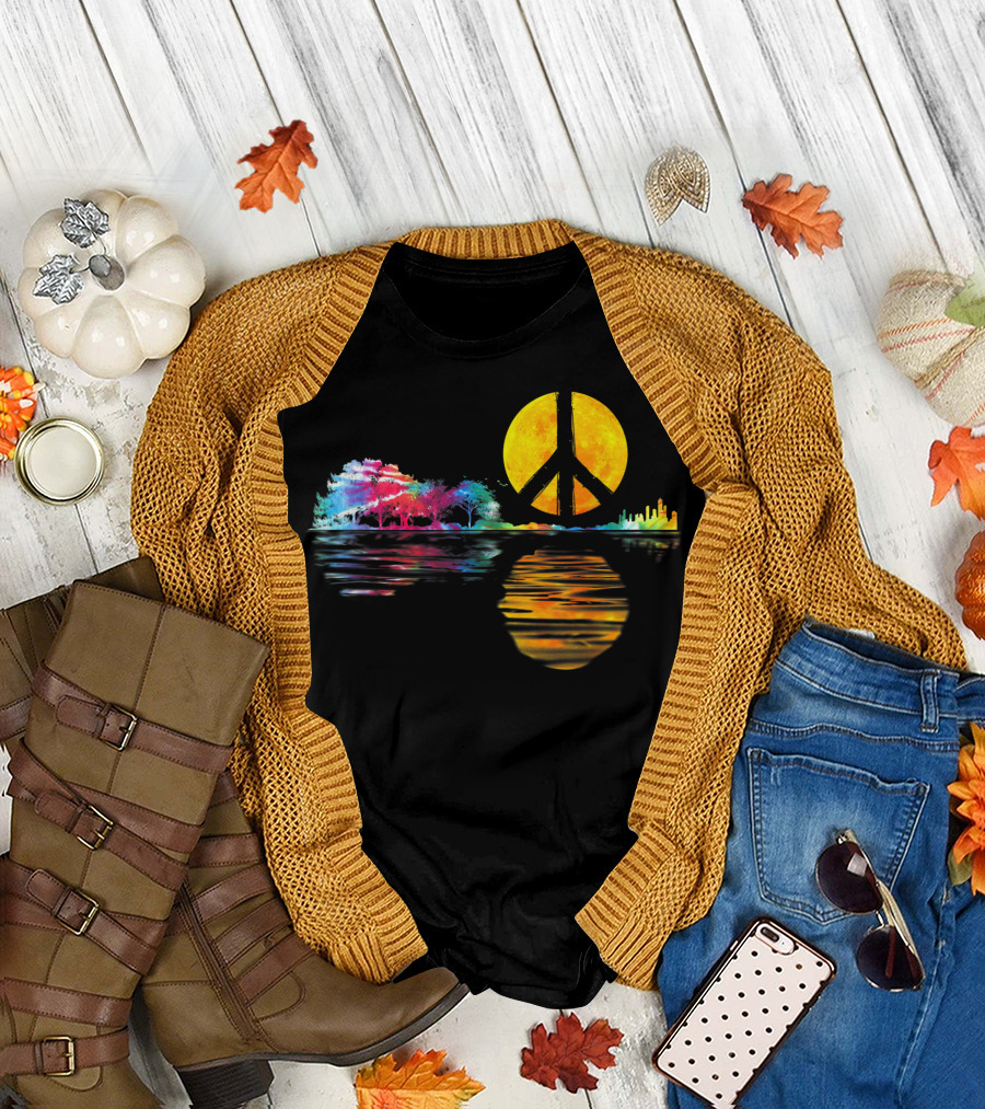Hippie Peace Sign Moon Landscape with Guitarist Musician and Colorful Trees T-Shirt