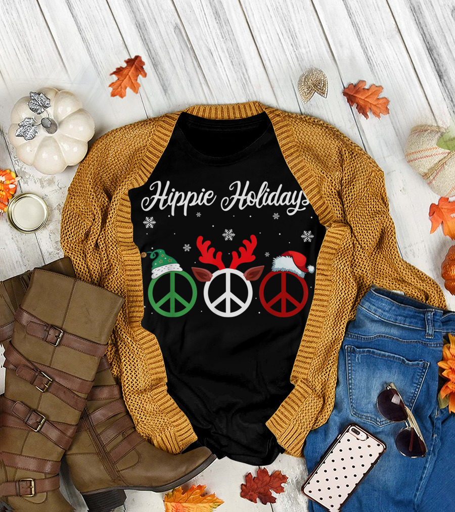 Hippie Holidays Peace Sign Green Elf Hat Red Reindeer Antlers Santa Hat Snowflakes T-Shirt