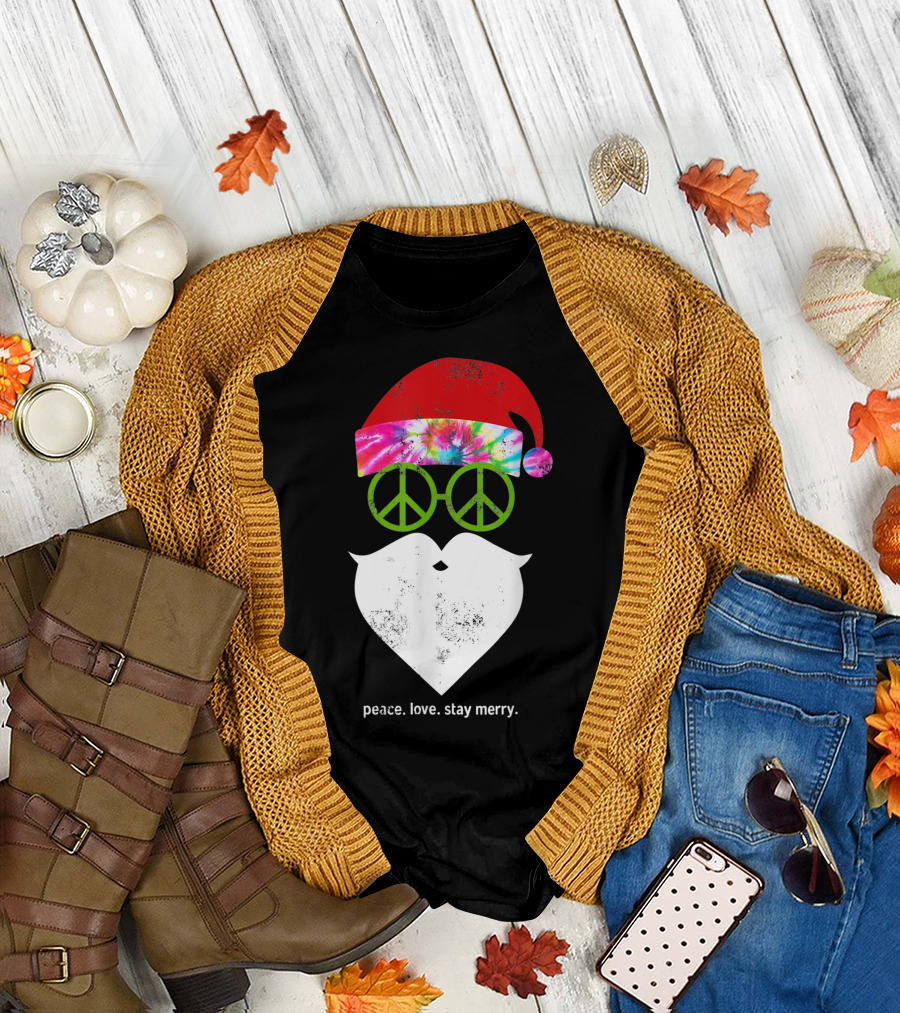 Hippie Santa Peace Love Stay Merry Tie Dye Rainbow Peace Sign T-Shirt