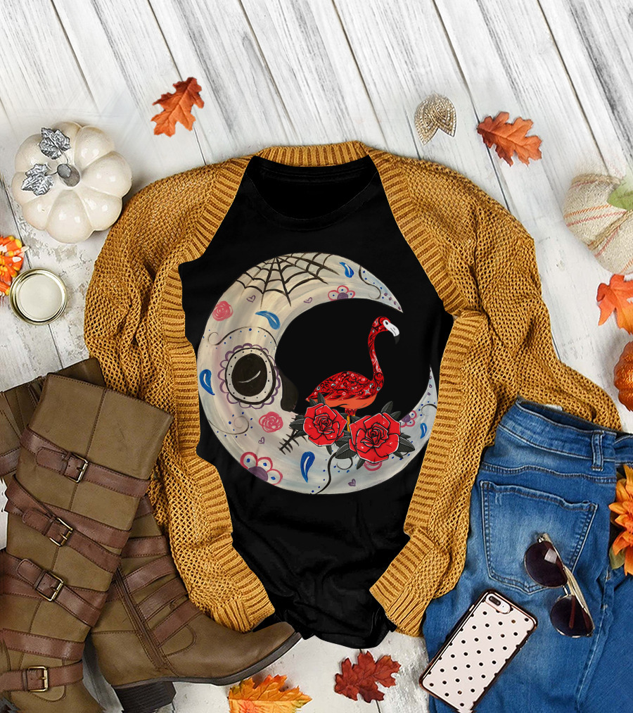 Hippie Sugar Skull Flamingo with Roses on Spooky Moon T-Shirt