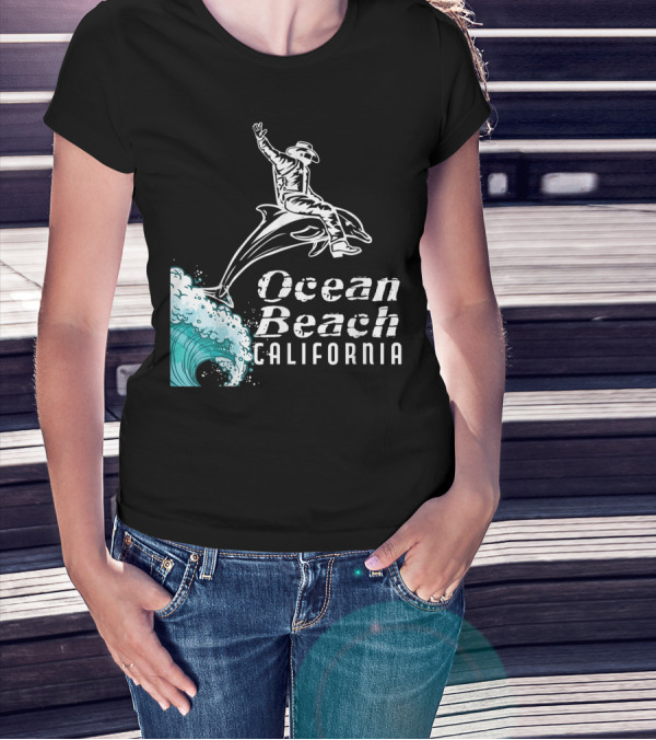 California Ocean Beach Cowboy On Dolphin Surfing Wave T-Shirt