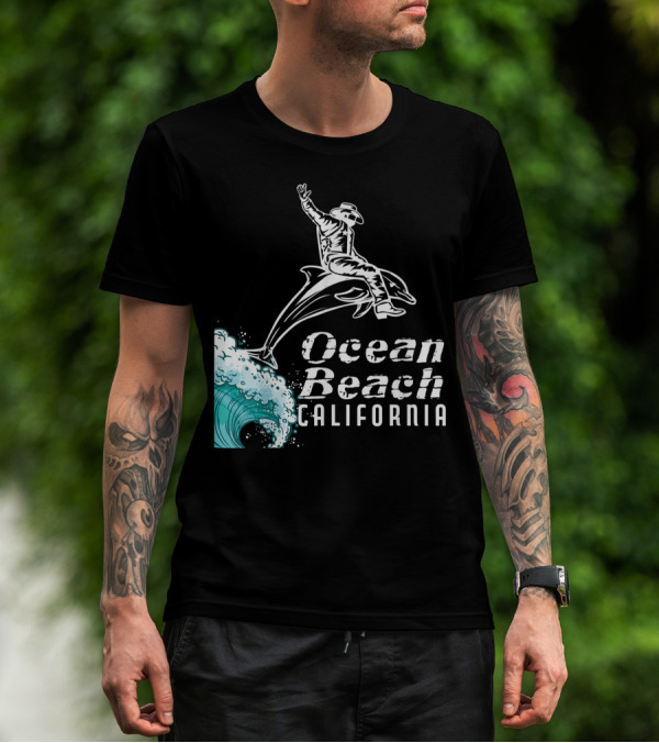 California Ocean Beach Cowboy On Dolphin Surfing Wave T-Shirt