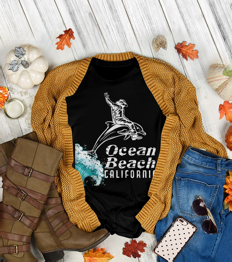 California Ocean Beach Cowboy on Dolphin Surfing Wave T-Shirt