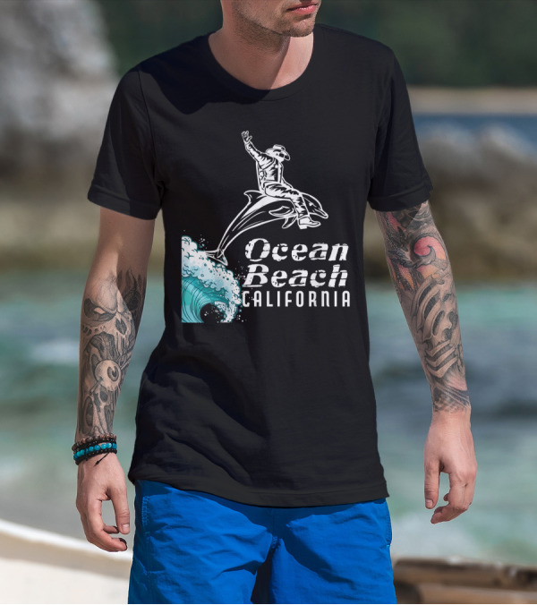 California Ocean Beach Cowboy On Dolphin Surfing Wave T-Shirt