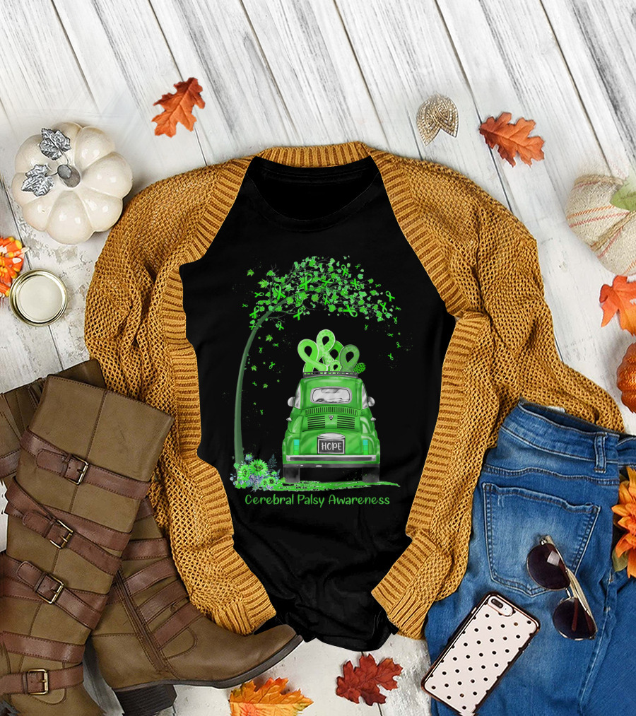 Hope Green Van with Ribbons and Flowers for Cerebral Palsy Awareness T-Shirt