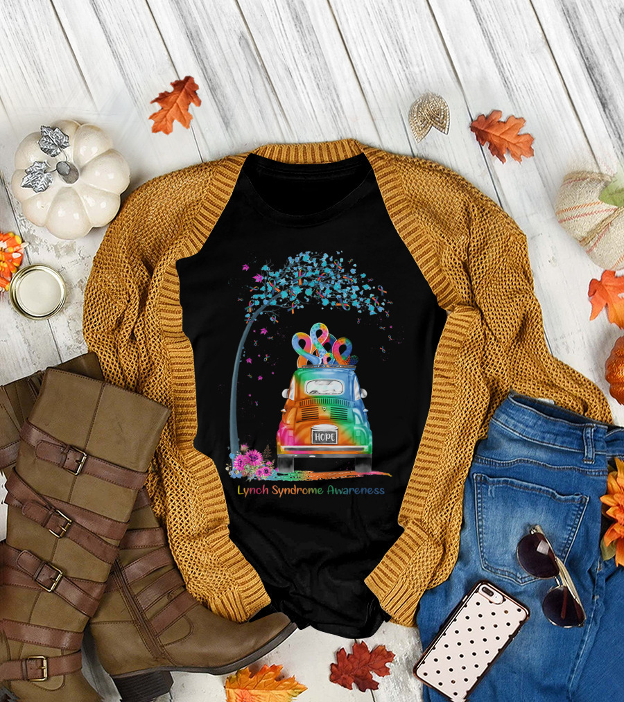 Lynch Syndrome Awareness Hope Hippie Van with Rainbow Ribbons and Flower Tree T-Shirt