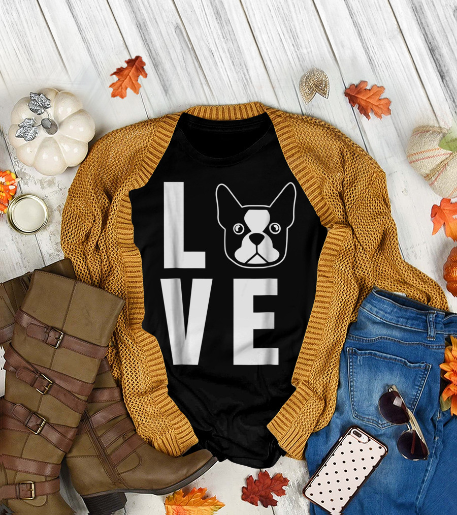 LOVE Boston Terrier Dog Face Typography T-Shirt
