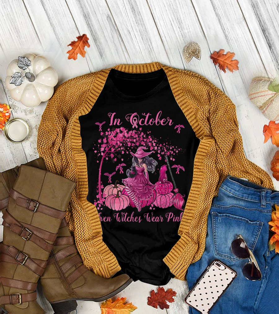 In October Even Witches Wear Pink with Pumpkins and Cats for Breast Cancer Awareness T-Shirt