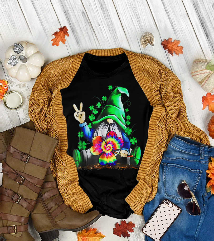 Irish Hippie Gnome Peace Sign with Tie-Dye Clover Surrounded by Shamrocks T-Shirt
