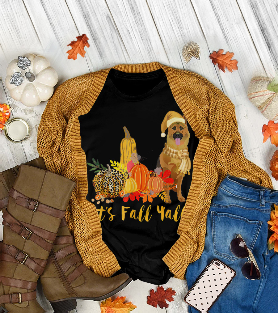It's Fall Yall German Shepherd Dog with Leopard and Pumpkin T-Shirt