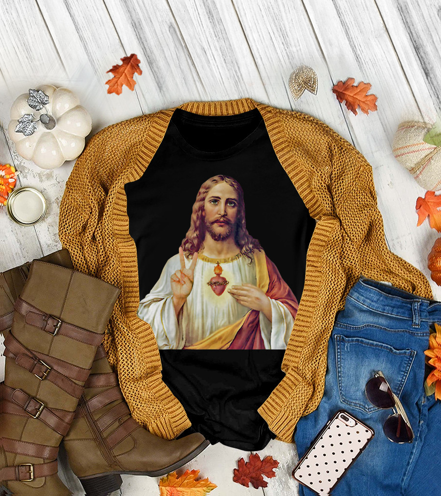 Jesus Christ Sacred Heart Symbol with Peace Gesture T-Shirt