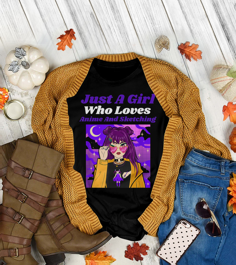 Just A Girl Who Loves Anime And Sketching Purple Aesthetic Retro Manga Fashion T-Shirt