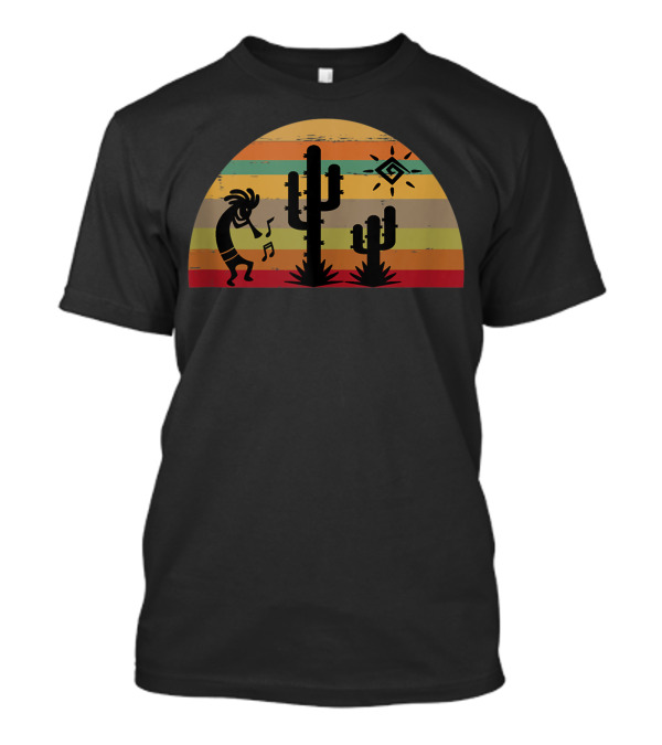 Kokopelli Cactus Sunset Scene With Tribal Sun And Music Notes T-Shirt