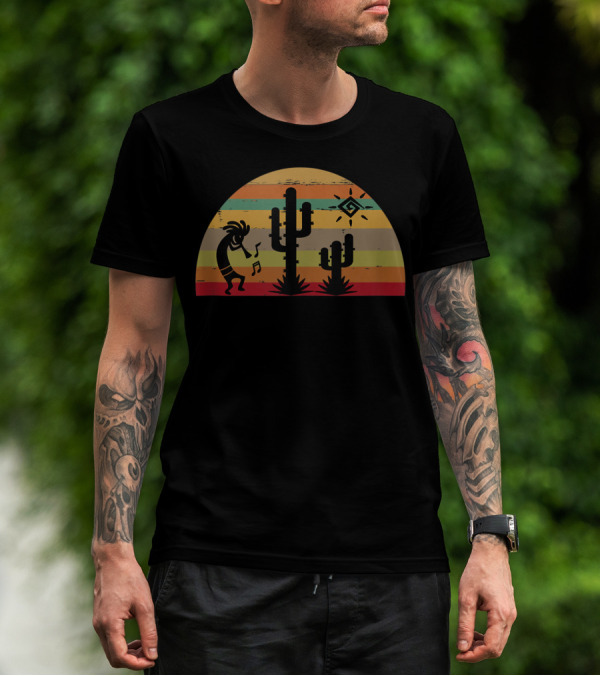 Kokopelli Cactus Sunset Scene With Tribal Sun And Music Notes T-Shirt