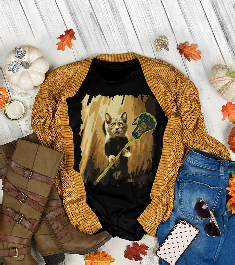 Lacrosse Stick Holding Cute Cat T-Shirt