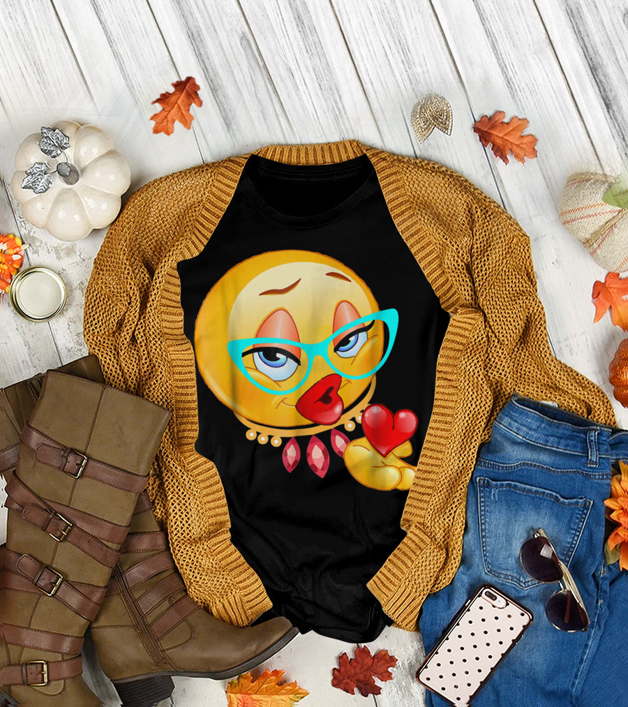 Lady Bling Emoji with Glasses and Heart Blow Kiss Emoticon T-Shirt