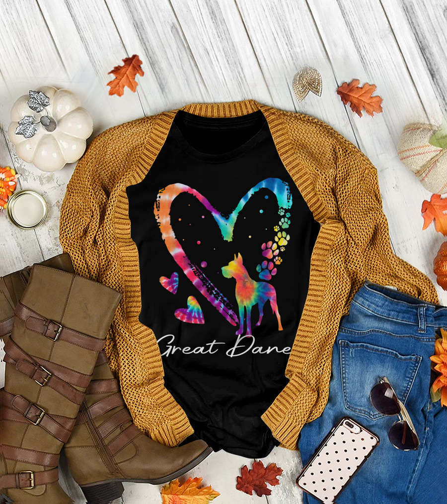 Great Dane Love Tie Dye Rainbow Heart Paw Prints T-Shirt