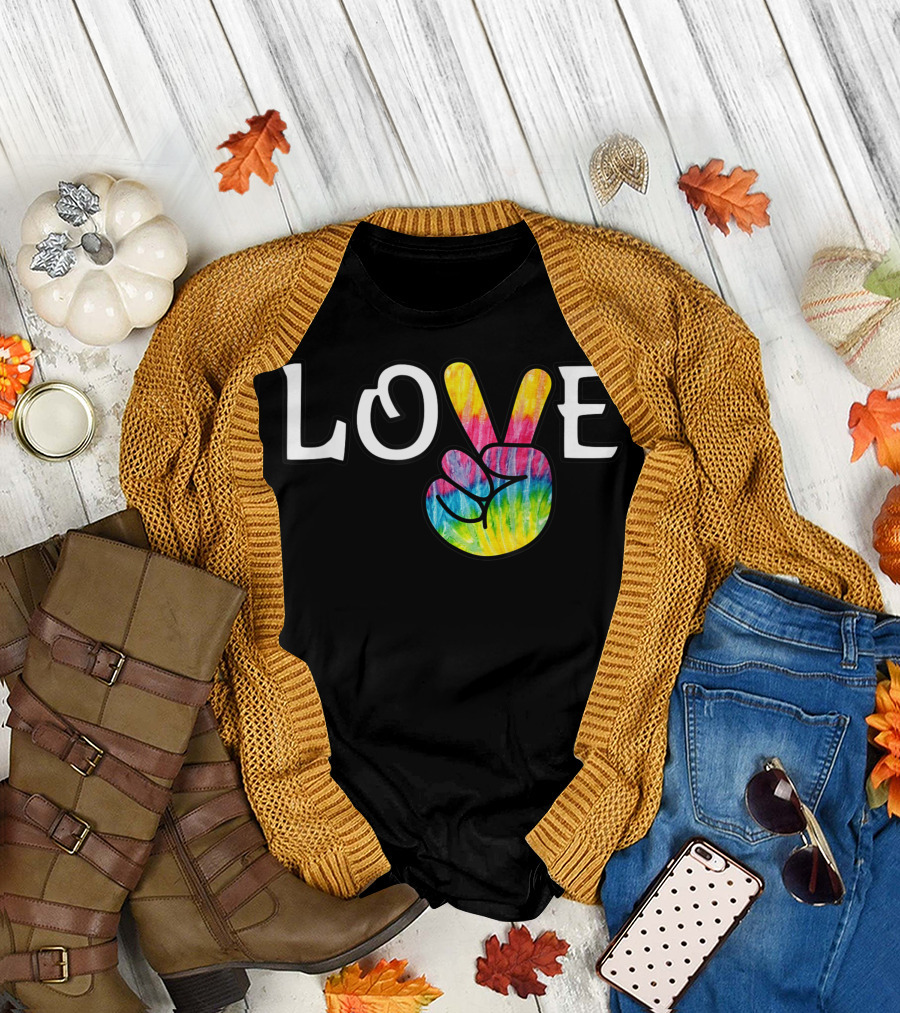 Love Peace Sign Hippie 60s Boho Rainbow Tie Dye T-Shirt