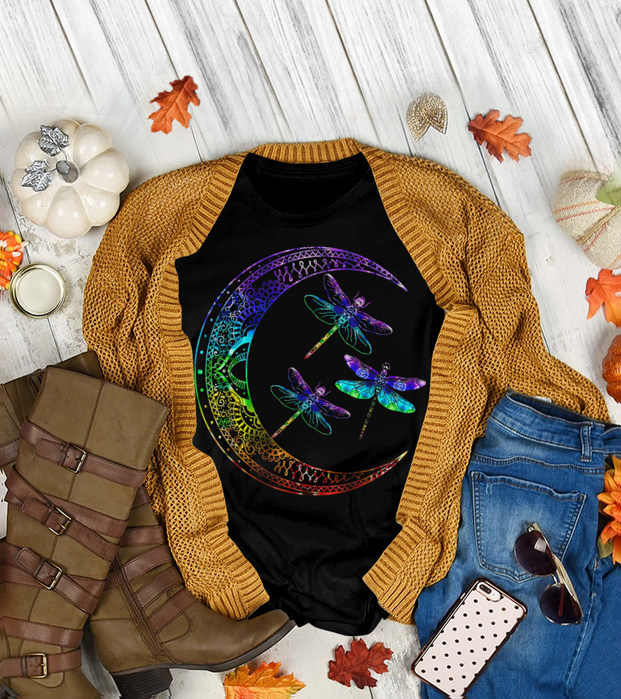 Mandala Crescent Moon with Colorful Dragonflies Chakra T-Shirt