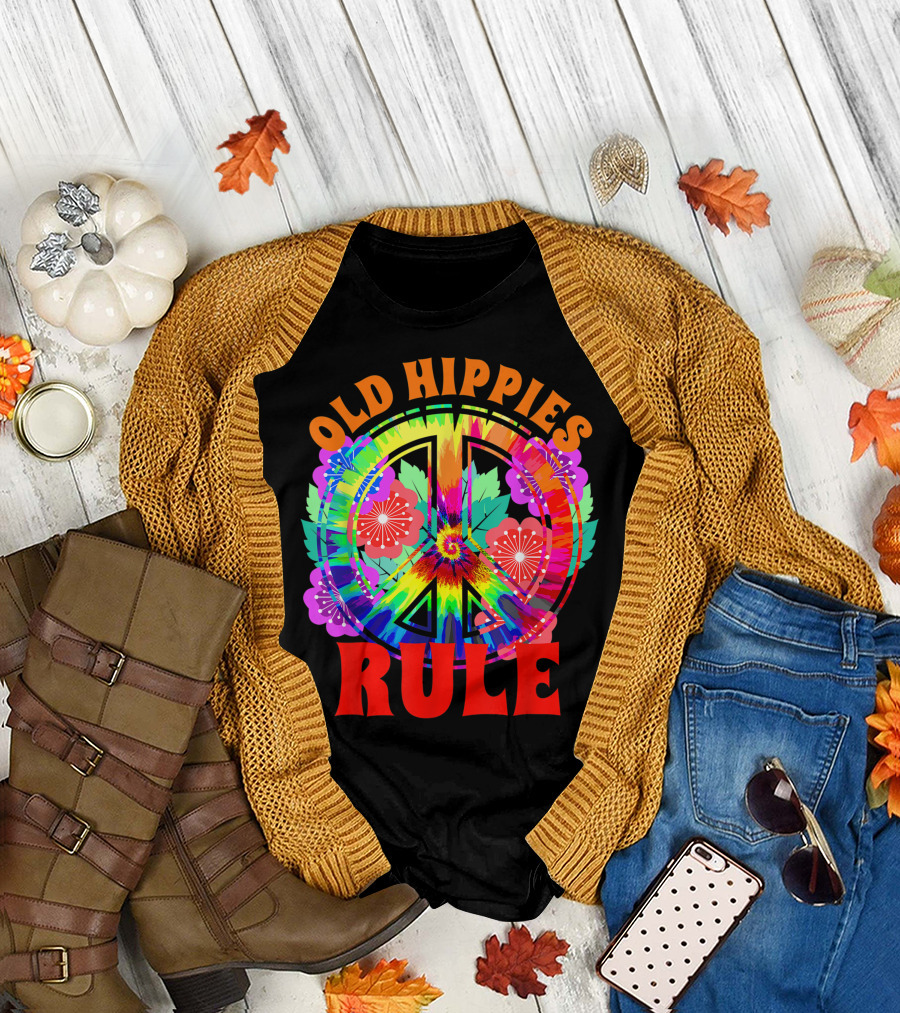 Old Hippies Rule Flower Peace Sign 60s 70s Bohemian Bright Tie-Dye T-Shirt