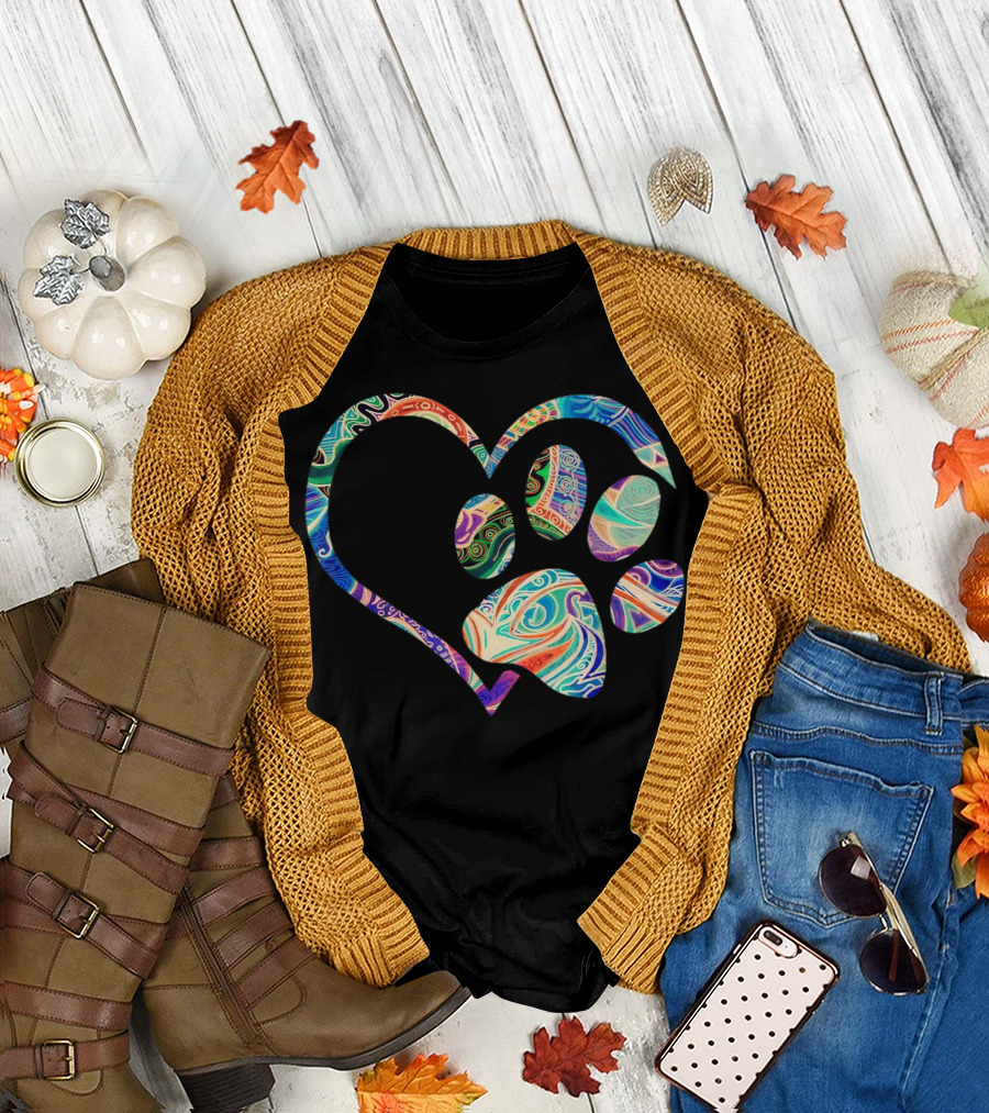 Pawprint Heart Tie Dye Rainbow A8 Dog Paw Prints T-Shirt