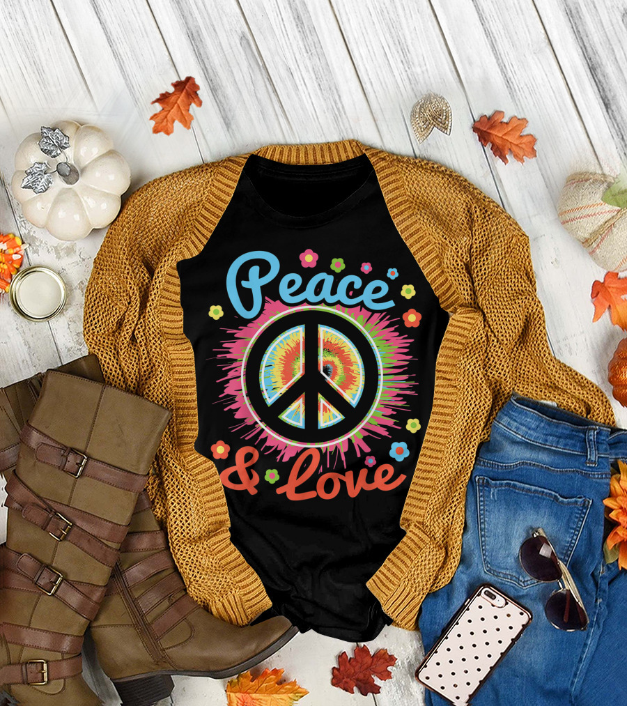 Peace and Love Peace Sign Tie-Dye 70s Flowers Retro T-Shirt