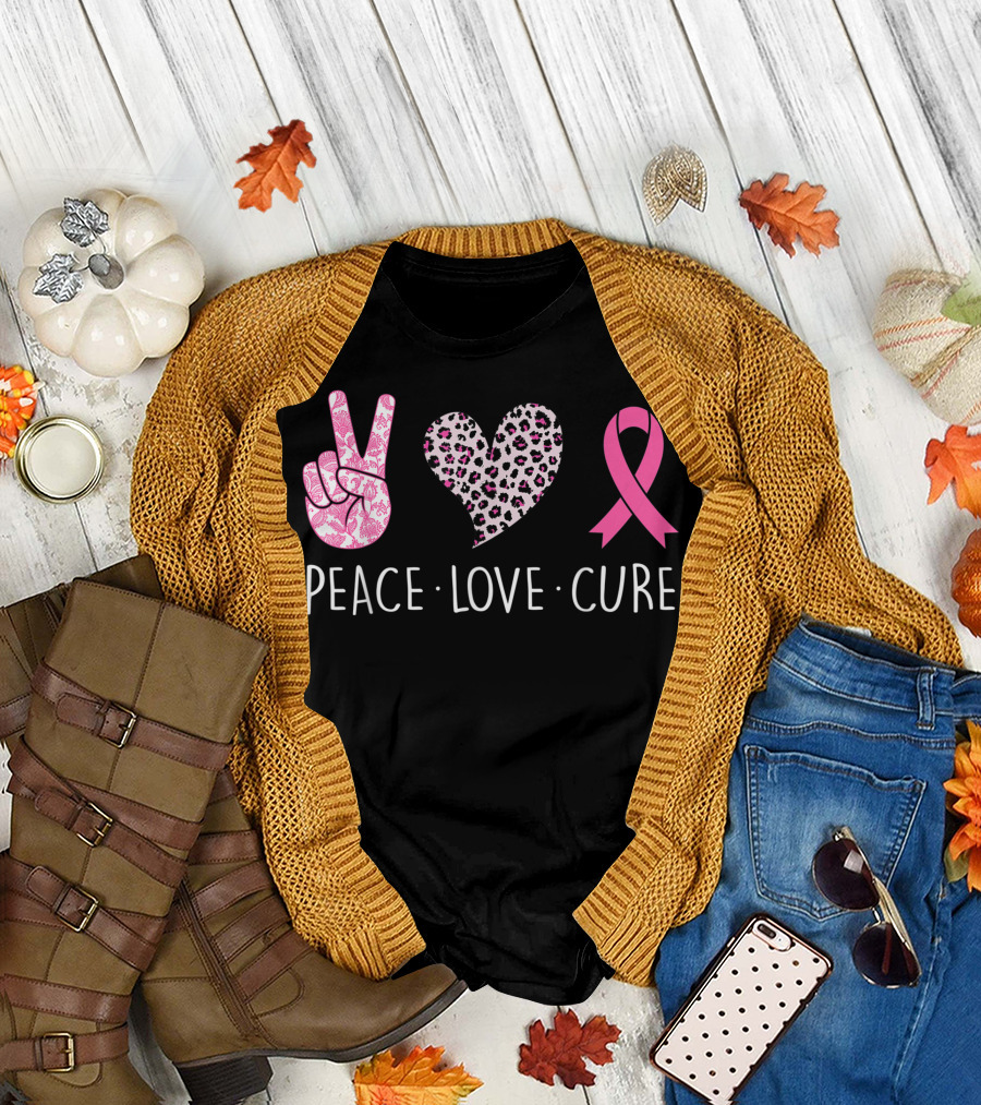Peace Love Cure Pink Ribbon Leopard Heart Breast Cancer Awareness T-Shirt