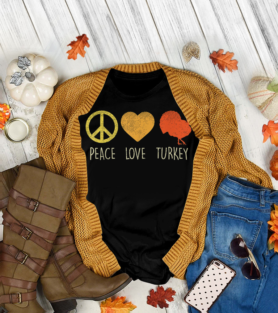 Peace Love Turkey Thanksgiving Day Hippie Hippy Peace Symbol Heart T-Shirt