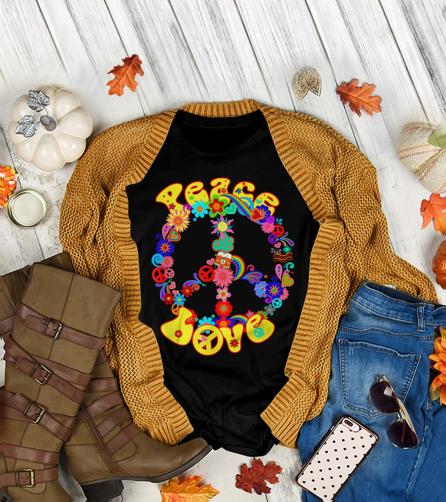 Peace Love Groovy 60s 70s Hippie Ad Rainbow Flowers Peace Sign T-Shirt
