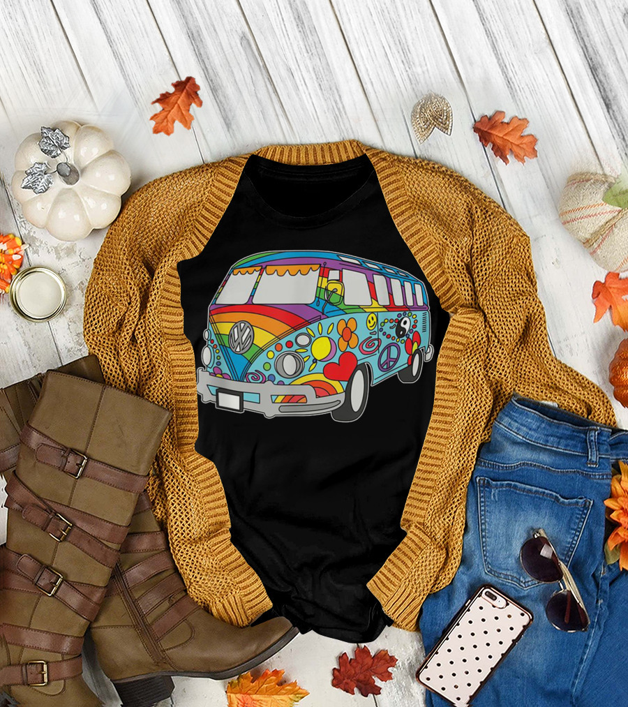 Retro Vintage Hippie Van Rainbow Peace and Love Symbols T-Shirt