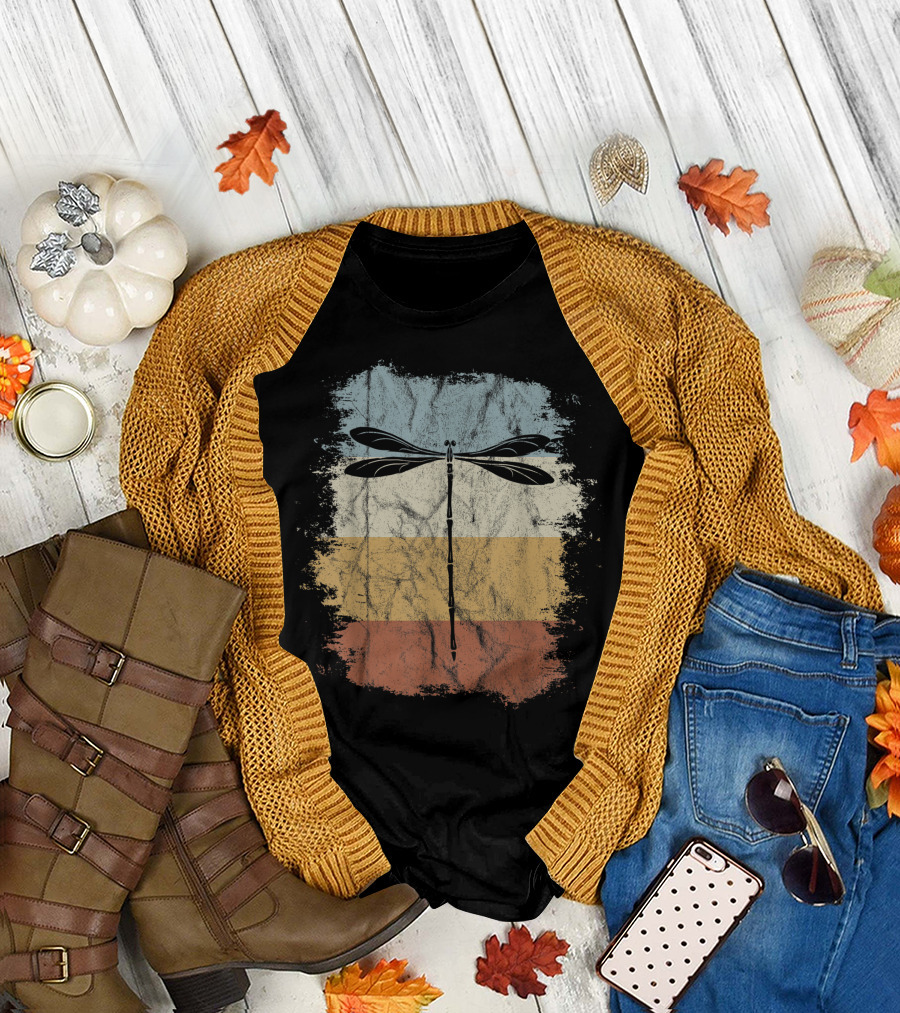 Retro Vintage Dragonfly with Distressed Blue White Yellow Orange Stripes T-Shirt
