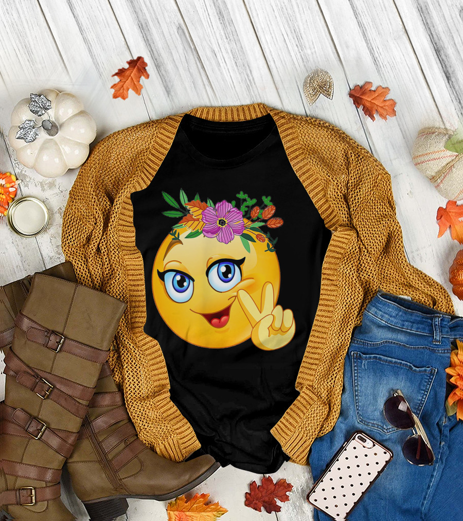 Smiley Hippie Flower Power Crown Peace Emoji Girls Trend T-Shirt
