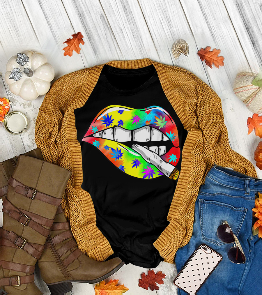 Hippie Tie Dye Lips Smoking Weed Trip 420 Stoner Zg T-Shirt