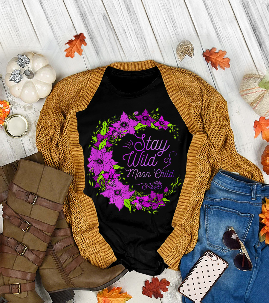 Stay Wild Moon Child Flower Children Hippie Floral Wreath T-Shirt