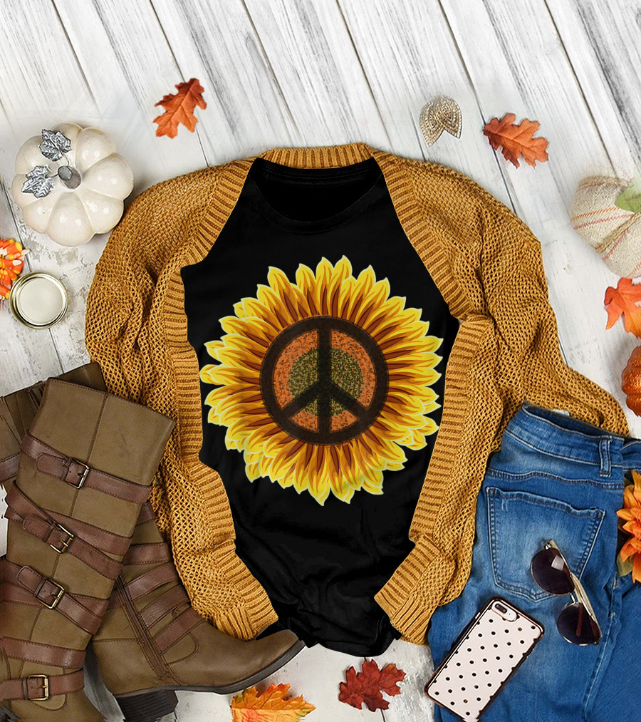 Sunflower Peace Sign Hippie Flower 1960S 1970S T-Shirt